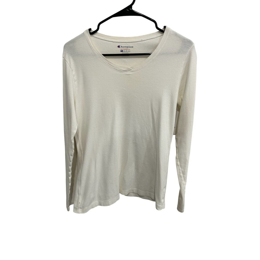 Champion Authentic V-Neck Long Sleeve T-Shirt White Sz Medium Cotton Essentials